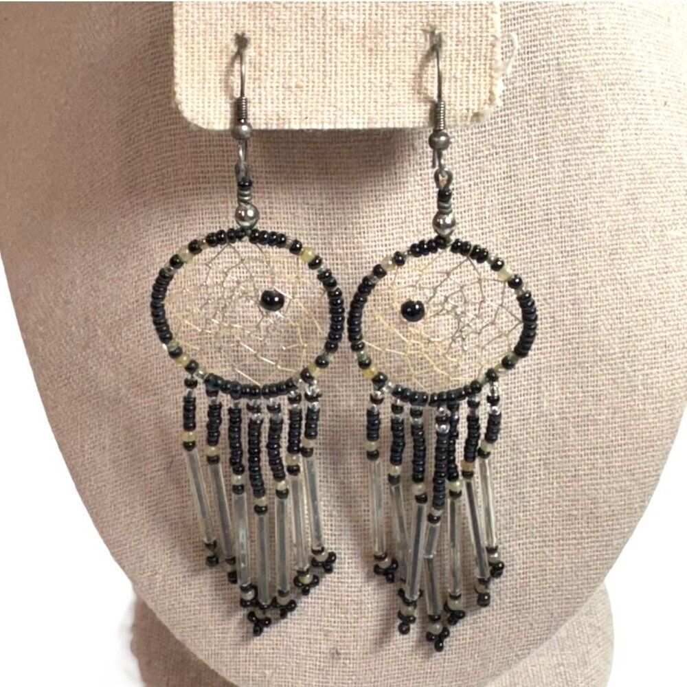 Dreamcatcher Vintage Black Beaded Dangle Earrings Silver Accents Handmade 4"